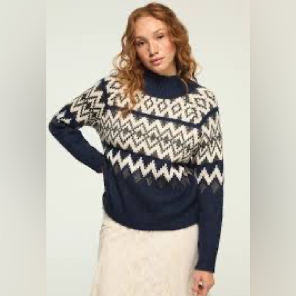 NWT Lucky Brand Fair Isle Mock Neck Sweater Blue Gray Women’s XL